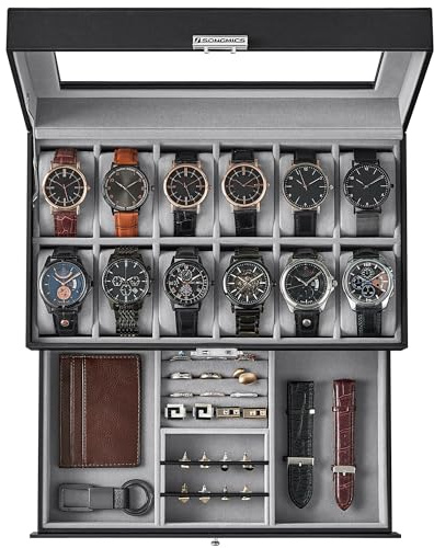 SONGMICS Watch Box, 12-Slot Watch Case Organizer with Large Glass Lid, 2 Layers, Removable Pillows, Metal Lock, Gift for Loved Ones, Black Synthetic Leather, Gray Lining UJWB012