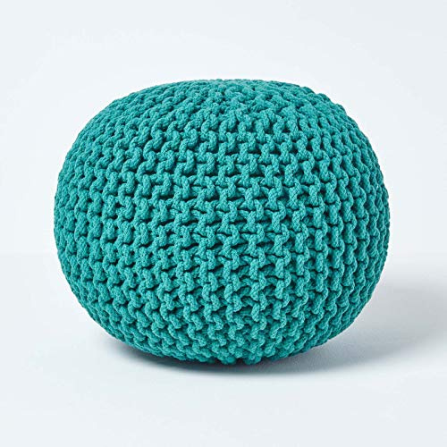Homescapes Pouf Strickpouf rundes Bodenkissen, Sitzpouf 35 x 40 cm, gepolsterter Sitzhocker, Sitzpuff/Puff mit grob gestricktem Bezug aus 100% Baumwolle, Strickpuff, blaugrün/Petrol