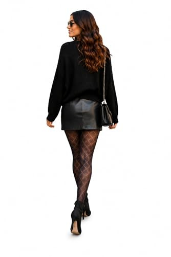 Yummy Bee - Silky Collant Losange Noir - Collants Opaque Motif Diamant - Grande Taille (Noir, M)