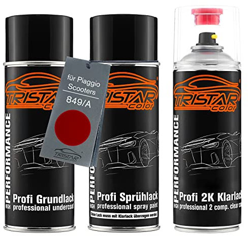 TRISTARcolor Vernice per moto Kit bombolette spray 2K per Piaggio Scooters 849/A Rosso Antares C.Metallic Perl Vernice di fondo vernice di base 2 componenti vernice trasparente