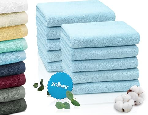 ZOLLNER 10er Set Handtücher in 50x100 cm - saugstarke und weiche Duschtücher in hellblau - mit praktischem Aufhänger - waschbar bis 60°C - Baumwolle - Hotelqualität