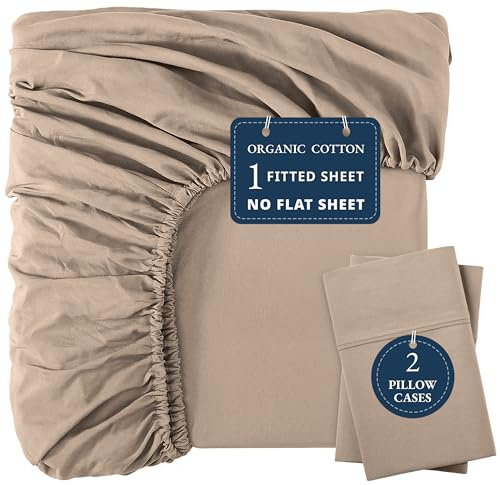LANE LINEN 100% Organic Cotton Fitted Sheet Queen (+Pillowcases), Soft & Comfy Breathable Naturally Cooling Low Pill Oeko Tex Certified Queen Deep Pocket 15 - Taupe