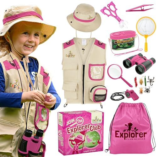 Premium Kids Explorer Kit with Sturdy Accessories for 3-7 Year Old, Bug Hunting Kit Explorer Costume Zoo Keeper Vest & Hat for Boys/Girls, STEM Educational (Pink, Explorer Kit Original Set)