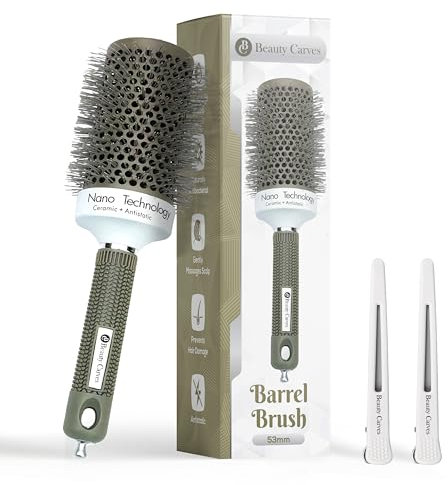 Beauty Carves Round Hair Brush 53 mm Barrel with 2 Clips – Thermal Ceramic Blow Dry Brush for Salon Styling & Volume – Nano Ionic Heat-Resistant Barrel with Flexible Nylon Bristles