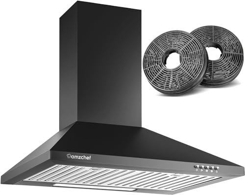 AMZCHEF Campana extractora de 60 cm, campana de pared para recirculación o extracción, 370 m³/h, 3 niveles de potencia, campana de acero inoxidable con iluminación LED