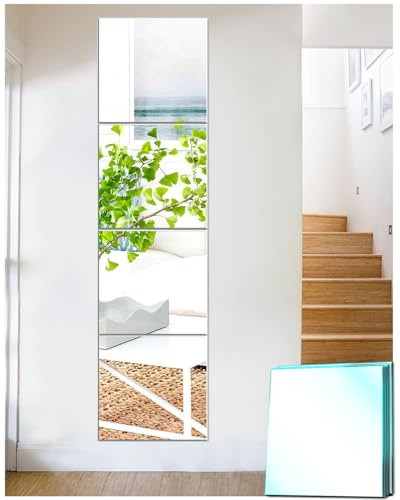 TOLOVIC Självhäftande kakelspegel glas HD gör-det-själv väggspegel självhäftande spegel 4 stycken spegel för fastsättning dörrspegel helkroppsspegel spegelplattor självhäftande