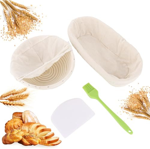 LOPYXBR 2 Stück Gärkörbchen 20cm Rund & 28cm Oval Gärkorb Brot Set Brot Backen Zubehör aus Natürlichem Rattan Gärkörbchen für Brot mit Stoffbezug, Silikonölbürste und Kunststoffschaber