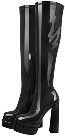VERISSON Bottes à talons hauts à plateforme avec bout carré et talon épais à mi-mollet, Vernis noir., 45 EU