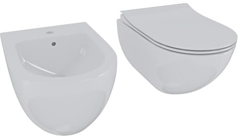 Set Sanitari Sospesi WC e Bidet Ovali in Ceramica con Copriwater Soft Close e Sgancio Rapido Design Moderno Bianco Lucido