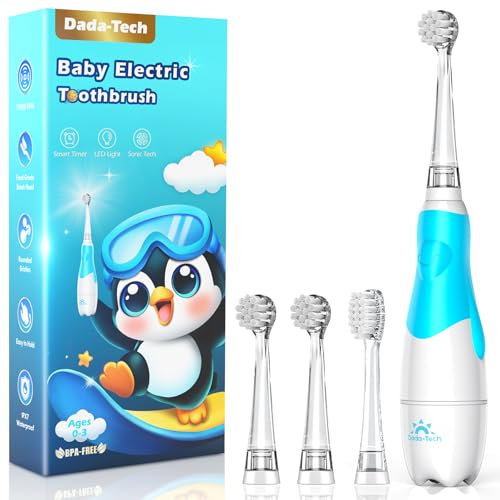 Spazzolino Elettrico Bambini 1-2-3 Anni Spazzolino Bambini 1 Anno Bambino Bimbo Neonato Neonati Con Timer Luci LED E 4 Testine Morbide (Baby Pinguino Blu)