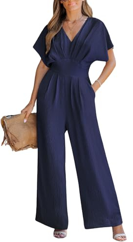 CUPSHE Combinaison Femme Chic Col V Jambes Larges avec Poches Jumpsuit Manches Chauve Souris Fluide Combinaison Pantalon Élégante pour Travail Bureau Soirée Mariage