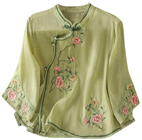 Cotton Linen Embroidered Shirt for Women UK Clearance Vintage Elegant Chinese-Style Shirts Floral Embroidery Blouses Summer 3/4 Sleeve Bohemian Tees Dressy Casual Boho Tops Y2k Streetwear