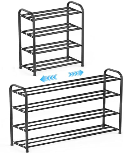 Kongming Skoskåp i svart metall, utdragbart, smalt, platsbesparande, justerbar hylla 43–78 cm bred för garderob, entré, hall, korridor (4 nivåer)