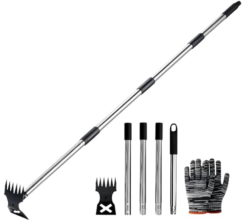 MEETOZ Extracteur de mauvaises herbes avec long manche, râteau manuel 2 en 1 et binette de jardin, 150 cm, outil de jardinage pour cour, pelouse, terrasse, sarcloir de jardin