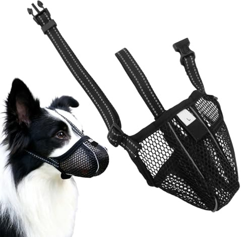 Reflective Dog Muzzle for Large Dogs, Breathable Anti-Bite Mesh Mask for Training, Adjustable Pet Muzzle to Prevent Chewing, Barking and Eating, Comfortable Dog Mouth Cover(Black, L)