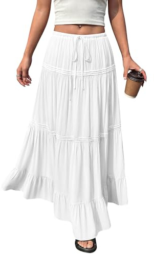 BTFBM Spring Skirts for Women 2026 Summer Boho Beach Vacation Clothes Casual Pleated High Waisted Flowy Maxi Skirt(White, Large)