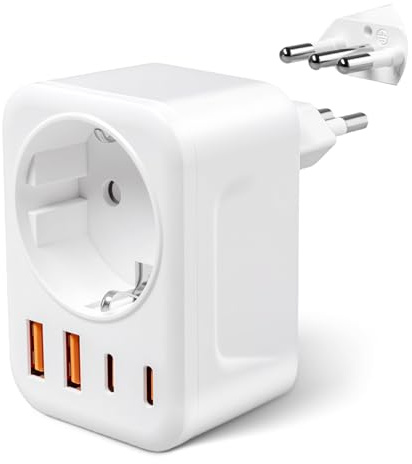 Adaptador Enchufe Italiano con 1 Toma CA, 2 USB-A y 2 USB-C (3,4 A). Adaptador de Enchufe de Viaje Tipo L de España a Italia para Uruguay, Chile, Etiopía, Italia, Libia, Siria