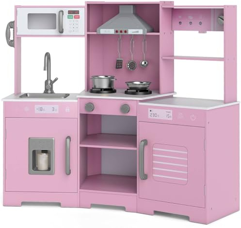 GYMAX Kids Corner Kitchen, Wooden Play Kitchen with Stoves, Range Hood, Ice Maker, Sink, Coffee Maker, Microwave, Oven, Telephone, Utensils, Sounds & Lights, Toy Kitchen for 3 + Years Old (Pink)