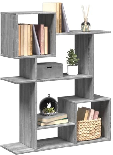 QZZCED Mensola divisoria per ambienti Sonoma in legno di ingegneria colore grigio 92 x 29 x 112 cm, scaffale portaoggetti con design geometrico e scomparti a gradini,