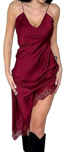 SANSIWU Women Spaghetti Strap Lace Trim Bodycon Dresses High Low Asymmetrical Side Split Y2K Going Out Mini Dress Clubwear (B-Claret, L)
