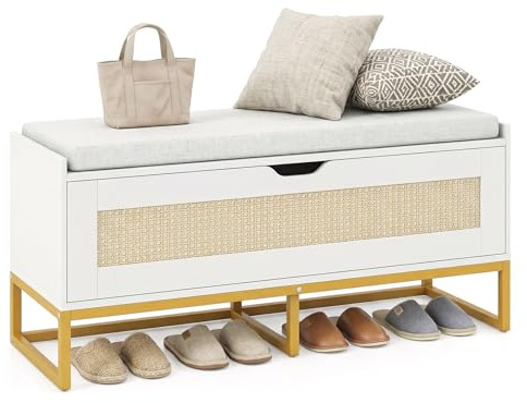 Giantex Rattan Shoe Bench, Flip-Top Entryway Bench with Removable Padded Seat & Hidden Storage, Wooden Shoe Storage Chest with Metal Legs for Bedroom, Hallway, 440 lbs Max Load (White & Gold)