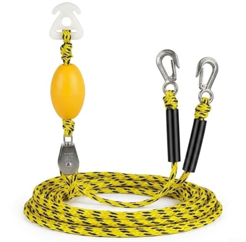 Ligne de remorquage haute capacité avec deux crochets pour ski nautique et wakeboard avec poulie auto-centrante pour réduire la pression du bateau pendant les activités sur le lac, vert (jaune)