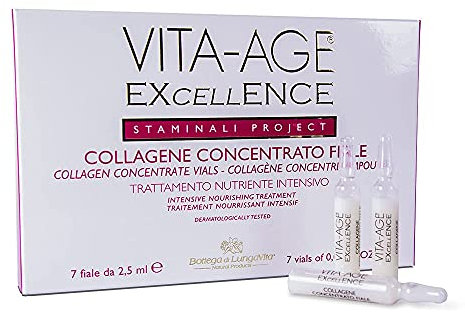 Bottega di LungaVita COLLAGENE CONCENTRATO FIALE VITA-AGE EXCELLENCE - Ampolle di collagene concentrato - Trattamento nutritivo in fiale a base di collagene solubile, cellule staminali da gardenia e resveratrolo - 7 fiale x 2,5 ml