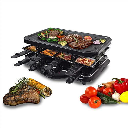 Syntrox Germany Raclette Grill Lausanne, 8 Personen, 16 Pfännchen, antihaftbeschichtet, Temperaturregelung, 1600W