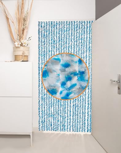 Cortina de Felpa para Puerta, 100 x 200 cm, diseño de Chenilla, 100% Fabricada en Italia, Color Azul y Blanco