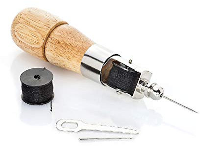 UPP Nähahle-Komplettset inkl. Nadel,Lochstanze,Schraubenschlüssel und 1x schwarze Garnspule | Hand-Nähen von Leder,Taschen | Lederhandwerk,Handnähmaschine,Awl Hand Stitcher | Holz/Metall | 16 x 3,5 cm