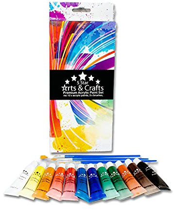 The Glowhouse Acrylic Paint Set 15pc Set inc 12 Premium Quality Non-Toxic & Vibrant Colours, 3 Brushes
