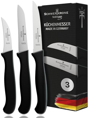Schwertkrone® Coltelli da Cucina Set 3x [MADE IN GERMANY] - Spelucchino Curvo e Coltello e Seghettato Dritto per Frutta e Verdure - Coltello Affilato & Verdure - Lama Rigida - Coltelli Spelucchino