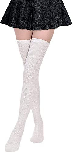 FGFD&OU Calze da Donna Sopra il Ginocchio Calzini Cotone Invernali Termici Lunghe Calzettoni a Maglia Calze di Coscia Retro per Ragazze e Donne (Bianco)