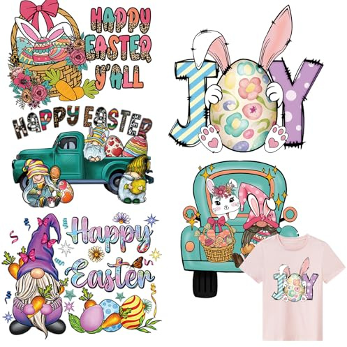 Easter Iron on Transfer Patches Easter Bunny Egg Flower Carrot Basket Heat Transfer Stickers Iron on Vinyl for t Shirts Jeans Jackets Bags Clothing Decorations