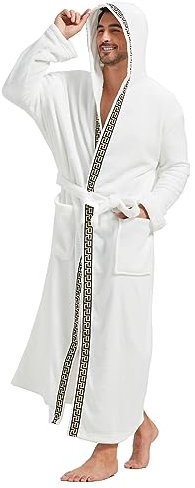 FashGudim Herren Kapuzenplüschbademantel in voller Länge. Flauschiger Bademantel für große und kräftige Männer. Warme Fleece-Bademäntel (Weiß & schwarzer Besatz, 6XL)