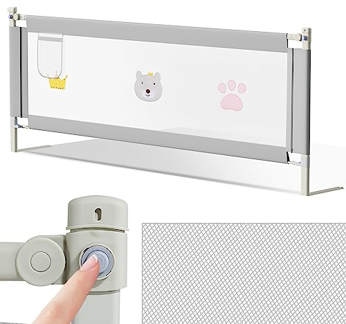 Ikodm Barrera de cama de 150 cm, 70 – 98 cm de altura ajustable, barrera para cuna para niños pequeños, con patrón, estructura estable, rejilla para cuna con red aireada, color gris