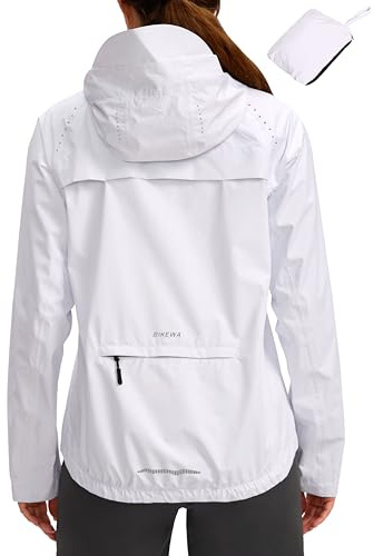 Bikewa Women's Cycling Rain Jackets Waterproof Windbreaker Lightweight Running Windproof Reflective Jacket Packable Hooded(White,L)