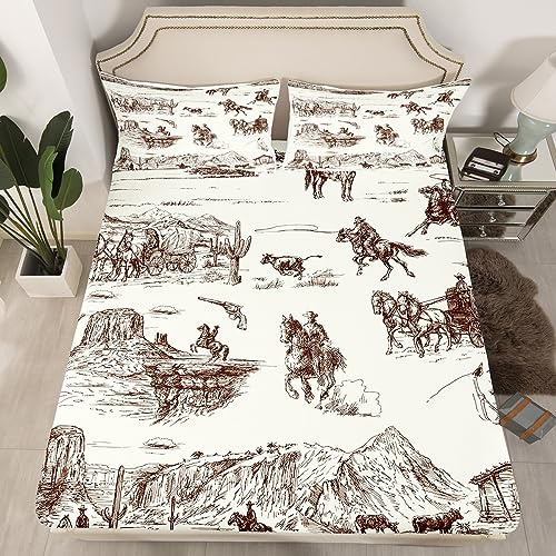 Western Fitted Sheet Twin, Western Cowboy Bed Sheet Set for Kids Farmhouse Bedding Set Galloping Horse Bed Cover Lightweight Bed Set (No Flat Sheet)