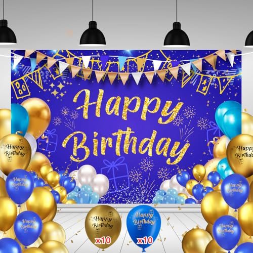 Striscione Buon Compleanno + 20 Palloncini Compleanno | 110x180cm, Include Fori e Corda da 6 Metri | Sfondo Fotografico Compleanno | Banner Buon Compleanno | Sfondo compleanno (Blu)