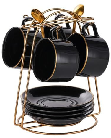 HSTWODE-Tassen & Untertassen von 4 (150 ml), Luxus-Teetasse Set mit goldenen Trimm, Kaffeetasse mit Henkel, britischer Königlicher Porzellan Tassen - Weiß, Blau, schwarz (Schwarz glänzend)