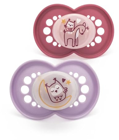 MAM Original Glow-in-the-Dark Dummies, 18-36M, 2 Pack, Orthodontic Design | SkinSoft Silicone Teat, Comes in Dummy Steriliser Box, Sustainable Materials, Baby Accessories, Pink/Purple (Designs Vary)