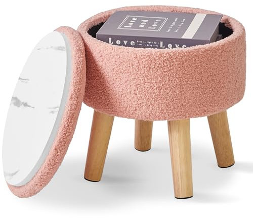 IBUYKE 13” Kleiner Fußhocker Ottomane mit Stauraum, Runde Pouffe Fußablage Hocker mit Gepolstertem Sitz und Deckel, Teddy Samt Mini Ottomane Fußstütze für Wohnzimmer Couch Eingang,Rosa WBD006P