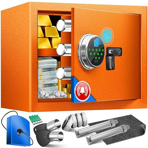 KESSER® Elektr. Tresor mit Fingerabdruck & Schlüssel M | Inkl. Notfallakku | Elektronischer Safe | 3x Doppelbolzenverriegelung | Boden Wandtresor | Möbeltresor | Panzerschrank Zahlenschloss Orange