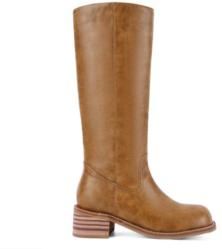 UBWDU Tall Brown Boots for Women Low Heel Platform Wide Calf Knee High Boots Square Toe Chunky Heel Campus Boots Size 9