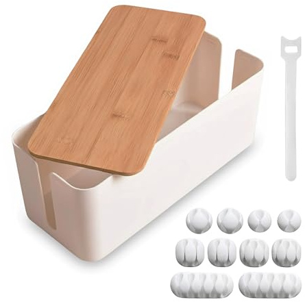 RICEXO Cable Management Box, 7 Holes, 12x5x4.5 inches, Wooden Lid Cable Organizer Box for Desk to Hide Power Strips, Tv Wires, ABS Material Cord Cover (2 Holes)