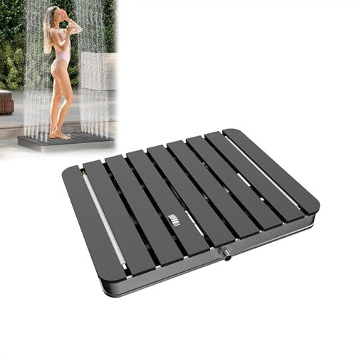 UISEBRT Douche de jardin - Douche extérieure en WPC et aluminium - Douche de sol mobile - Douche solaire - Hauteur de fontaine réglable jusqu'à 4 m - Pour piscine, jardin, terrasse (rectangulaire