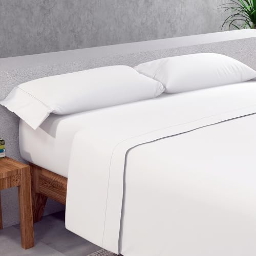 SOMNI HOME Juego de Sábanas Lisas Ajustables y Resistentes – Sábanas para Cama 135 cm – Ropa de Cama Suave Fácil Lavado Color Blanco.