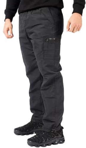 Stylo Online Men’s Thermal Fleece-Lined Cargo Trousers – Elasticated Waist | Combat/Work/Walking Pants – Windproof, Water-Resistant, Multi-Pocket Black L