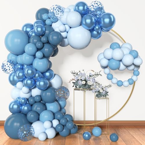BlueCloudy 153pcs Kit de Arco de Guirnalda de Globos Azul, Diferentes Tamaños 45 30 25 12 cm, Globos de Látex Metálico Azul con Confeti para Decoraciones de Cumpleaños Tema Oceánico Aniversario