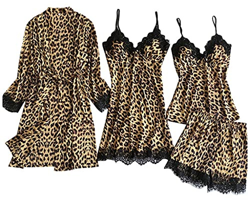 Pyjamas med leopardtryck för kvinnor satin – 3-delat satäng silke pyjamasset kvinnor – pyjamasset, 3-delat silke nattlinnen underkläder nattkläder silkeslena nattlinnen med långärmad silkeslen